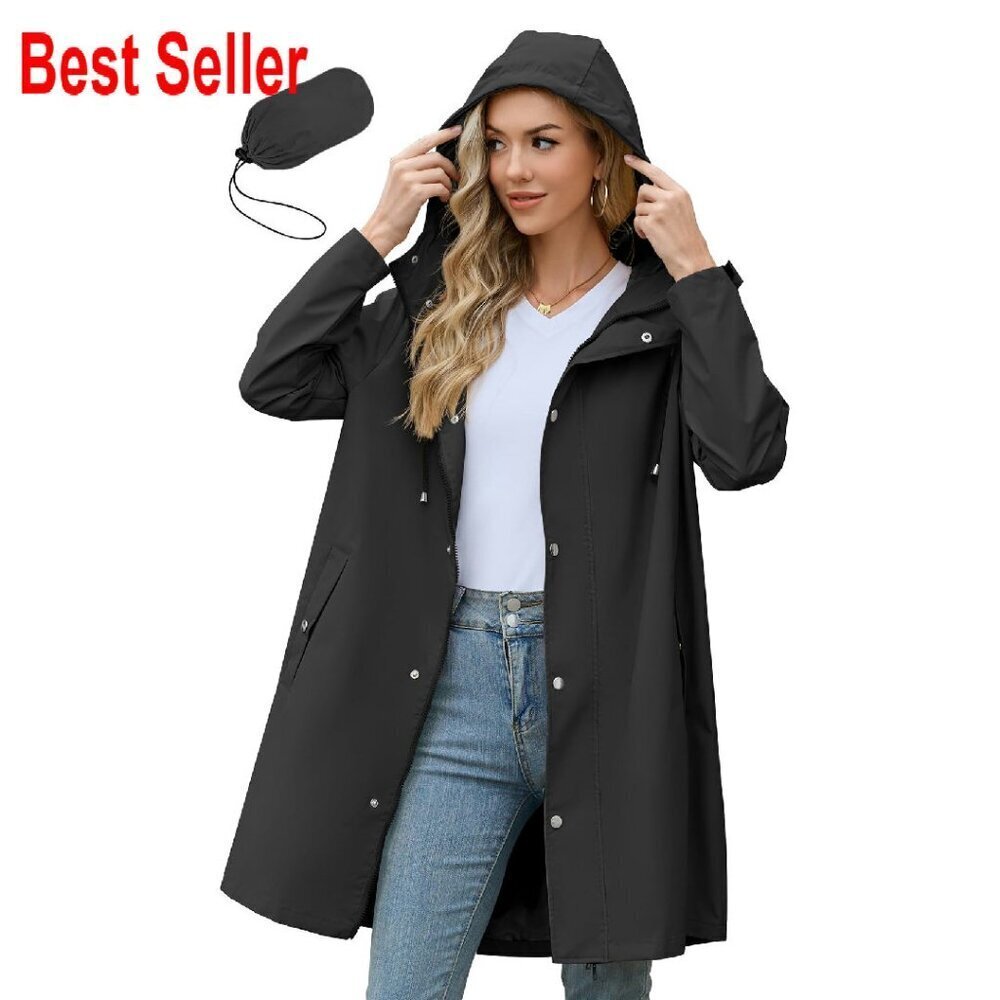 Long Packable Rain Jacket Waterproof Lightweight Windbreaker Trench Style